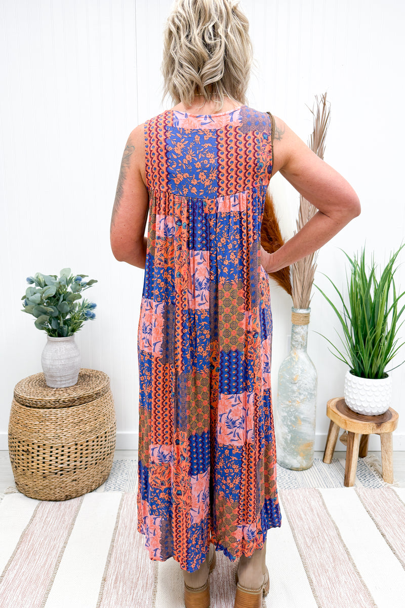 Coral and Blue Patchwork Romper
