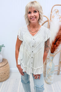 POL White Button Down Lace Top