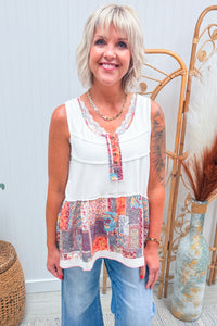 POL White Mixed Print Tunic Tank