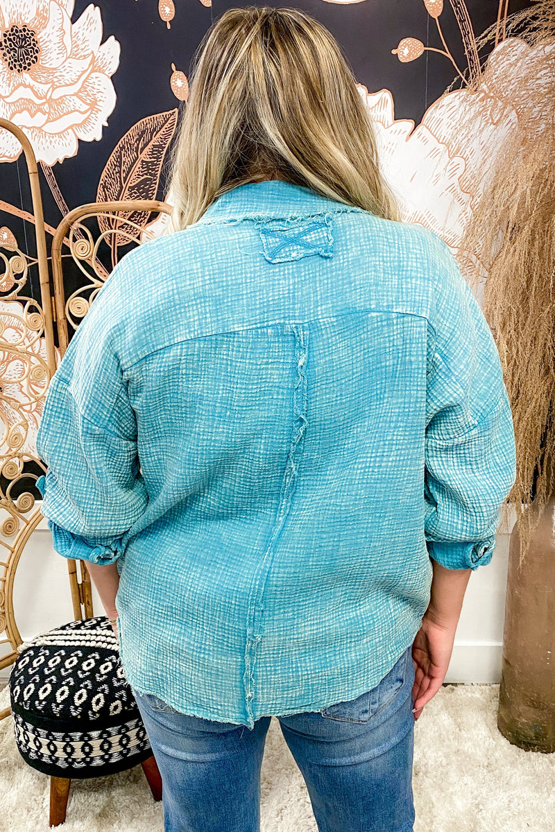 Dusty Teal Vintage Washed Gauze Button Up