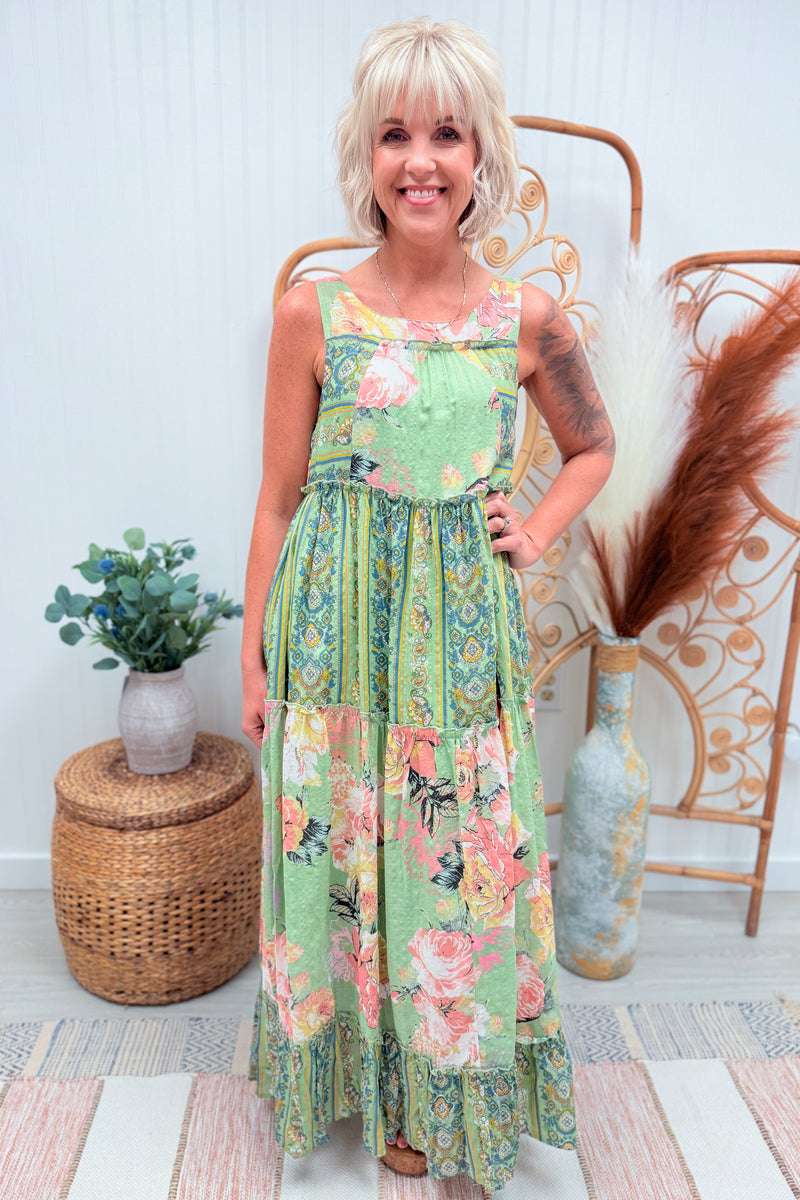 Sage Floral Boho Cotton Maxi Dress