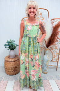 Sage Floral Boho Cotton Maxi Dress