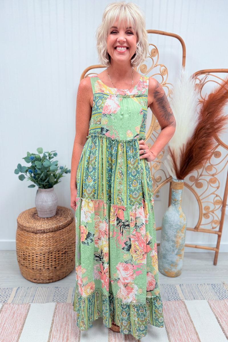 Sage Floral Boho Cotton Maxi Dress