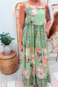 Sage Floral Boho Cotton Maxi Dress