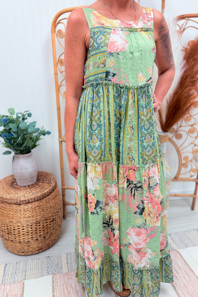 Sage Floral Boho Cotton Maxi Dress