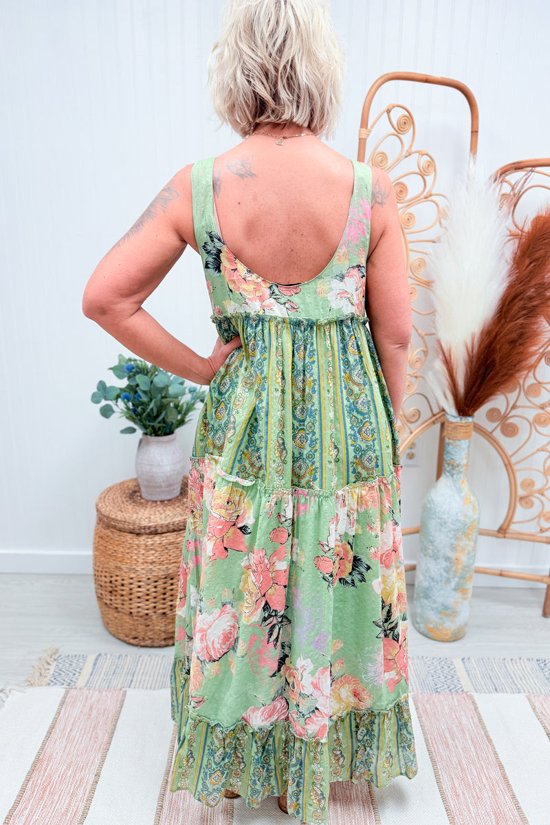 Sage Floral Boho Cotton Maxi Dress