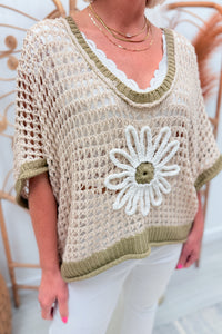 *RESTOCK* POL Olive Loose Knit Flower Sweater