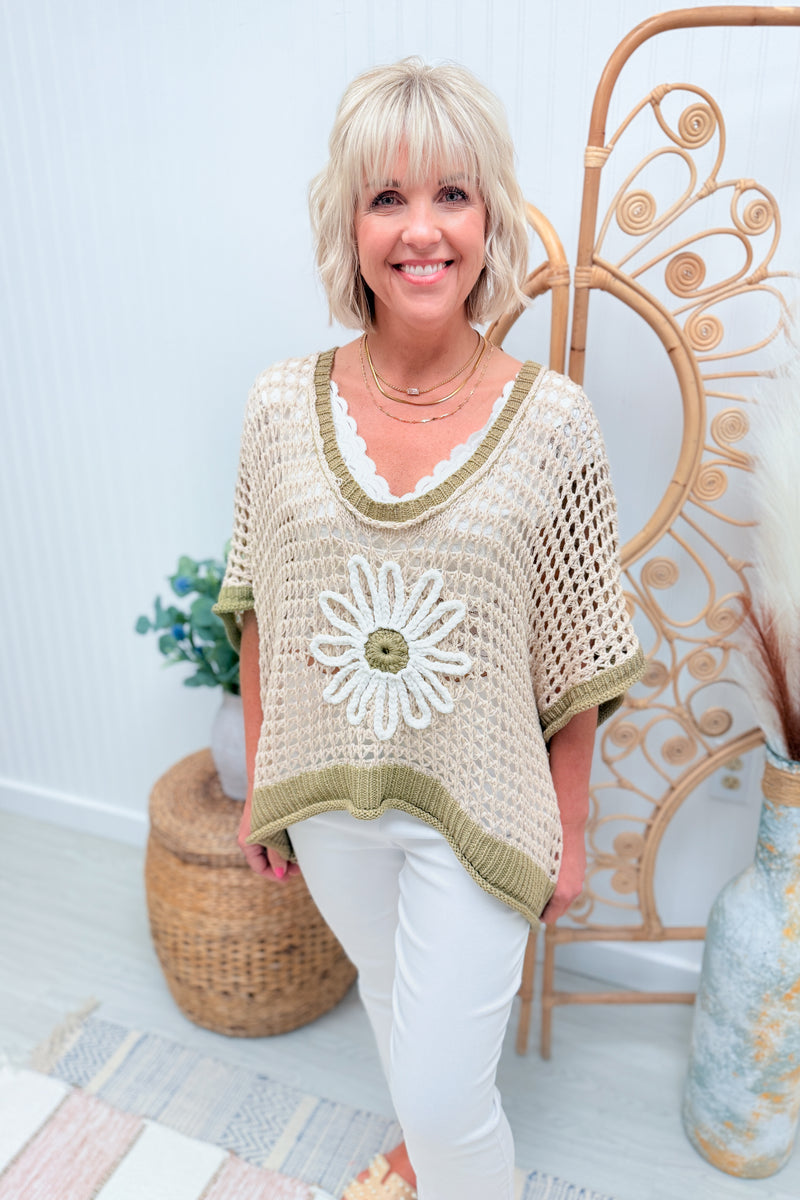 *RESTOCK* POL Olive Loose Knit Flower Sweater