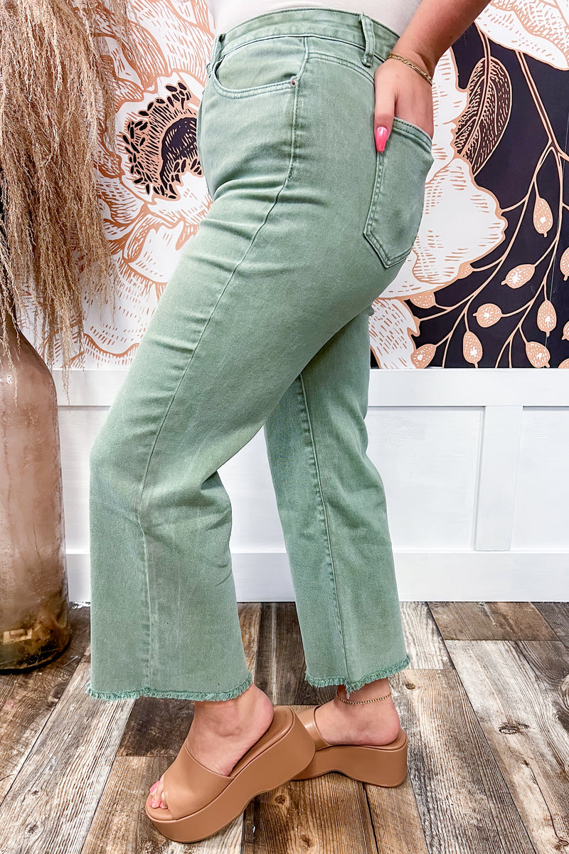 Olive Cropped Stretchy Bootcut Jeans