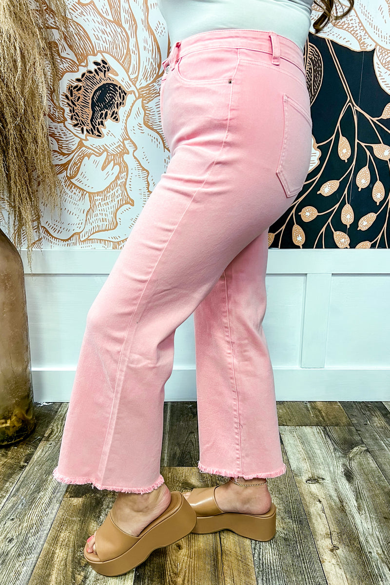 Pink Cropped Stretchy Bootcut Jeans